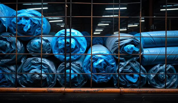 Left camera slider movement gliding over a stack of tent fabric rolls wrapped in protective blue plastic, stored behind steel bars under intense warehouse lighting in Sialkot