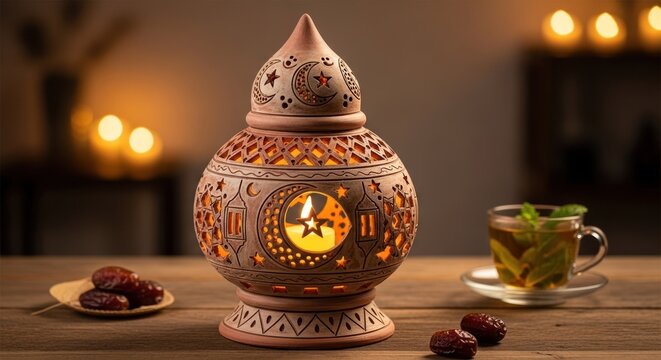 A decorative lantern with a lit candle and a cup of tea on a wooden table with dates and a plate of dates.