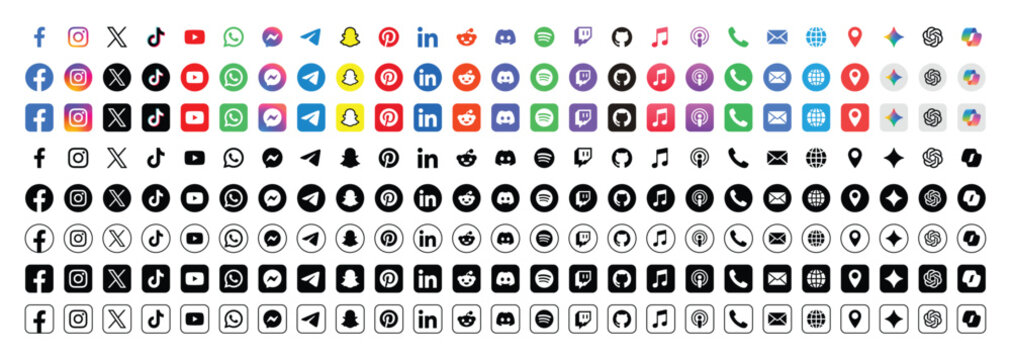 social media and communication logo icon mega collection colorful solid outline round square facebook instagram youtube whatsapp telegram pinterest linkedin