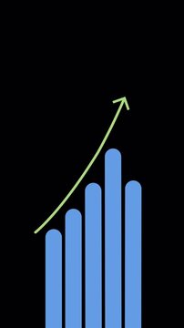 Bar chart animate increasing business income. Arrow cartoon animation show exponential wealth in alpha channel transparent background portrait video.