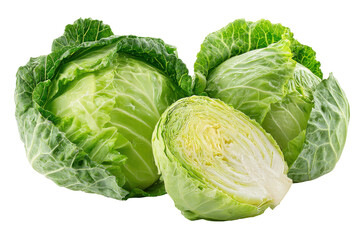 Fresh green cabbage heads isolated on transparent background. Fresh cabbage heads and a halved cabbage isolated on white background.