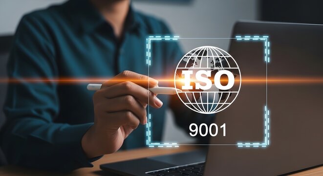 A businessman interacts with a holographic ISO 9001 certification interface on a laptop screen