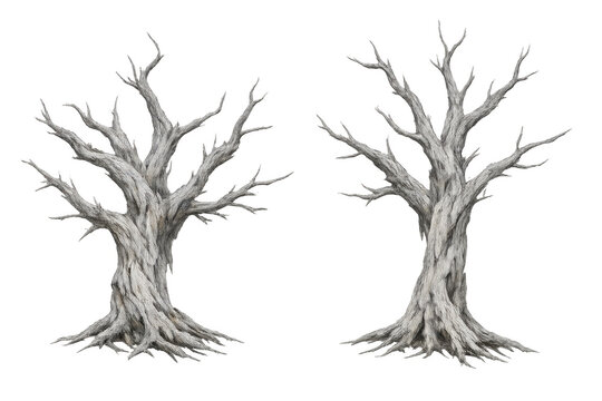 Dead spooky forest trees with gnarled leafless branches creating a haunting bare nature scene. Transparent background