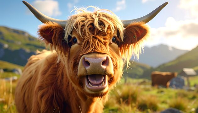 Close-up of a Highland Cow with a funny expression in a green field.