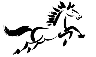 Fototapeta premium Black and white leaping horse illustration with flowing mane - dynamic galloping stallion silhouette in artistic ink brush style for elegant logo design