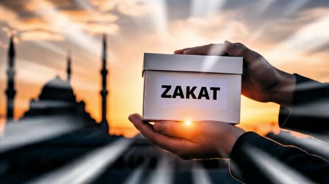 Video, close-up, hand holding a ZAKAT box, زكاة (Zakāh), Islamic worship, charitable giving, illustration, mosque silhouette background. 