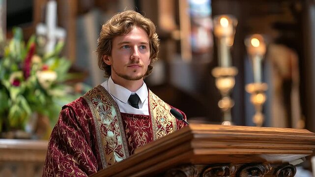 Young male clergy member in ceremonial vestments at wooden podium, faceless sermon delivery, congregation service scene, beautiful church interior, worship gathering, with copy spa