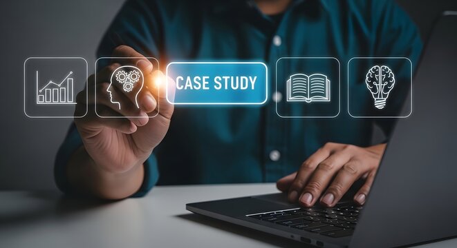 A person working on a laptop interacting with case study graphics on screen