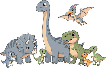 Cartoon dinosaur illustration set, friendly colorful figures including Triceratops Brachiosaurus Tyrannosaurus Pteranodon and baby dinosaurs, playful vec ©  BAKKOR