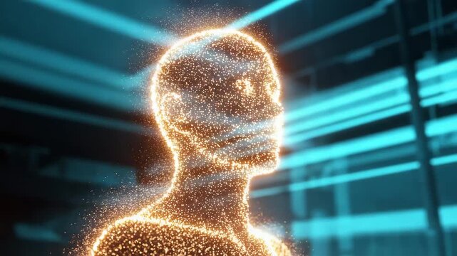 Futuristic human figure made of glowing particles in digital environment  