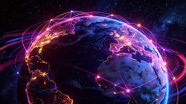 Digital globe with connection network lines and glowing city lights