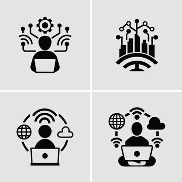 Four black icons depicting digital connections people and technology