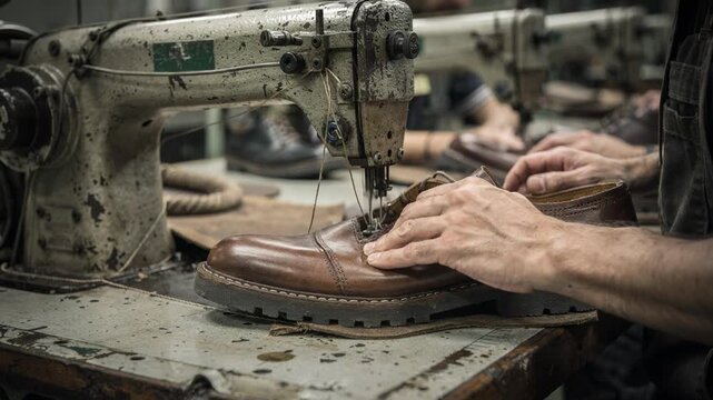 Shot of production workers using thick thread to stitch rugged derby shoe uppers to midsoles on an industrial assembly line emphasizing strength and craftsmanship in durable