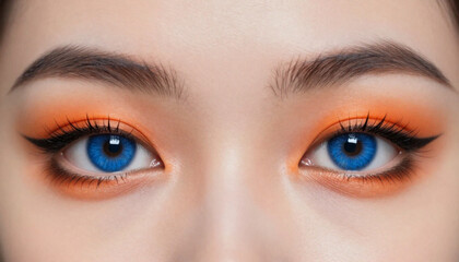 Striking Close-Up of Woman's Eyes with Bold Orange Eyeshadow and Dramatic Black Cat-Eye Makeup