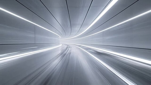 Futuristic white tunnel with linear lights and smooth curved walls