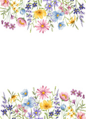 Watercolor wild flowers and leaves, floral frame border for greeting card, invitation and other printing design. Isolated on white. Hand drawing.	