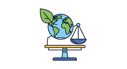 Obraz premium A simple illustration of a scale balancing a globe with a leaf on one side and a weight on the other against a clean white background with eco-friendly and justice themes.