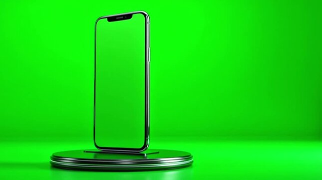 Modern smartphone mock-up with a green screen display on a reflective stand, ideal for app presentations, digital content integration, and visual projects