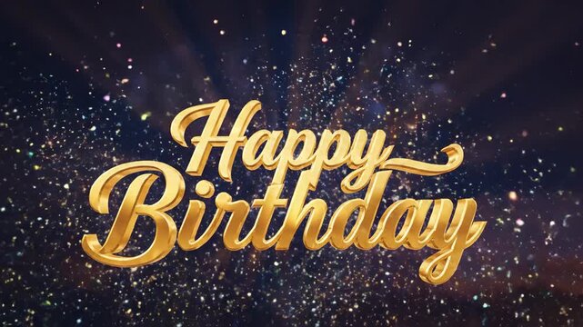 Shiny gold Happy Birthday text with cursive font against a starry night sky background with sparkling lights and rays.