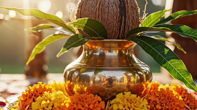 A sacred brass kalash pot adorned with vibrant marigold flowers and fresh green leaves topped with a coconut under warm golden hour sunlight a traditional Hindu offering vessel symbol of prosperity