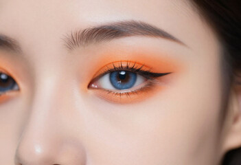 Gros plan captivant sur les yeux d'une femme avec fard &agrave; paupi&egrave;res orange vif et eye-liner noir dramatique
