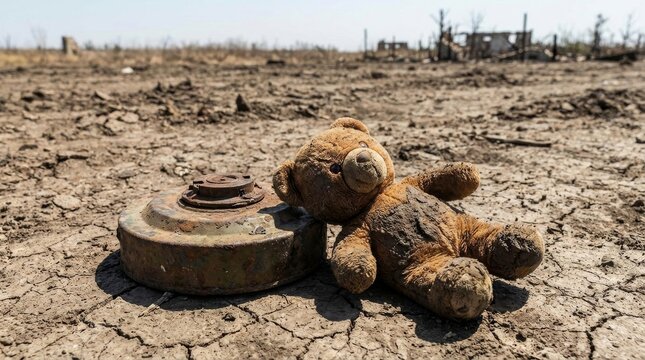 Mud-caked teddy bear beside mine in war-torn landscape
