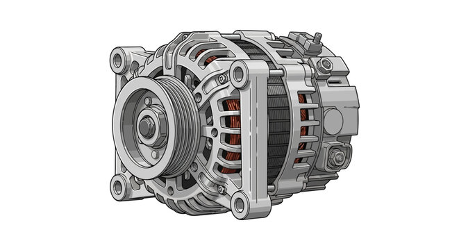 Detailed view of an automotive alternator showcasing mechanical components and internal structure from a slightly angled perspective