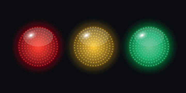 Vector 3d Traffic Light Glowing Dots Set. Red Yellow Green Signal Lamps on Black Background. Realistic Light Indicators for Road Safety, Vector Illustration