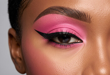 Extreme close-up of a human eye with vibrant pink eyeshadow and a sharp black winged eyeliner