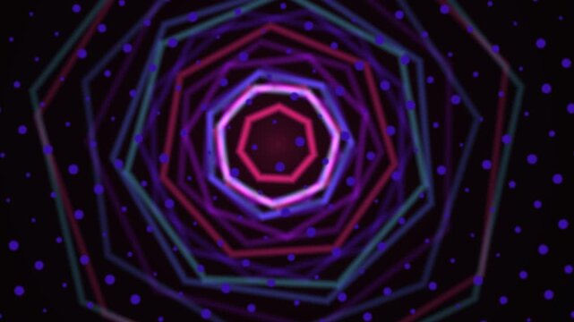 Concentric glowing octagons forming an abstract neon tunnel with a dark, dotted background.