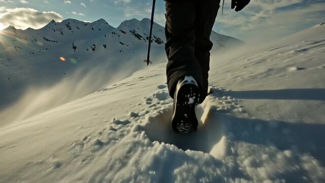 4K cinematic video, POV hiker walking snow-covered mountain ridge, deep footprints untouched powder wind sweeping snow ridge, crisp blue sky clouds, sunlight glinting off icy surfaces particles air