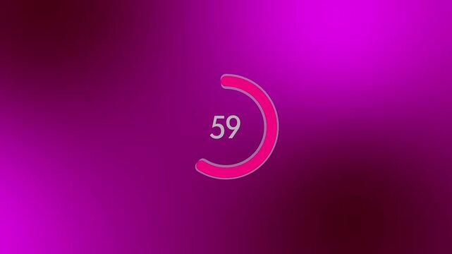 countdown timer animation, from 100 to 50 in 06 seconds on dark purple wit black shade gradient  loop background. Animated of circle loading icon, in 4k format