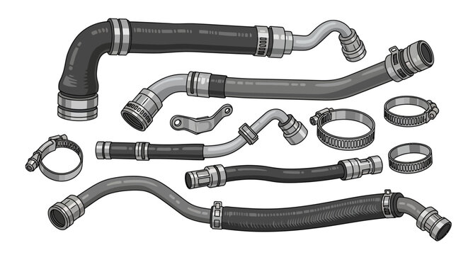 Assorted vehicle hoses and fittings displayed on a white background from a top-down viewpoint