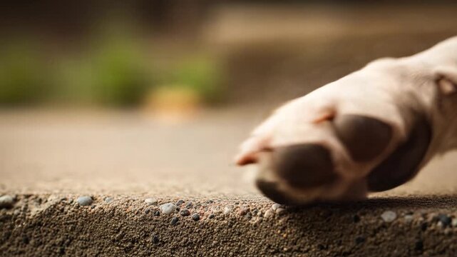 Close-Up of Clean Dog Paws on Concrete Surface with Blurred Background in Sunlight and Paw Pad Detail