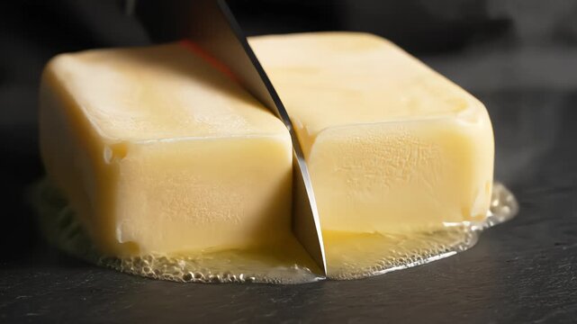Close up of a hot knife slicing through a block of yellow butter melting on a dark stone surface