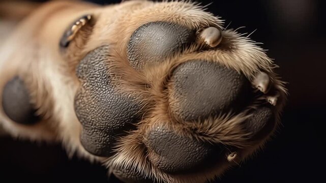 Detailed Close-Up of Golden Retriever Paw with Pads Against a Dark Background, Veterinary Focus