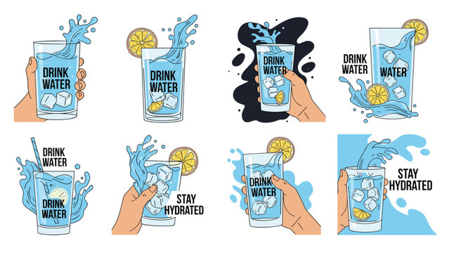 Collection of various hands holding glasses of refreshing water with lemon slices and ice cubes, stay hydrated health awareness graphics.