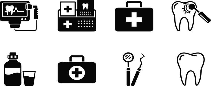 The image is a collection of eight black and white icons arranged in a 2x4 grid, all presented on a plain white background