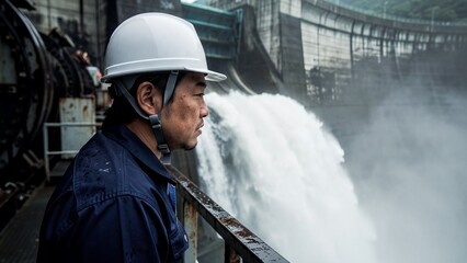 Professional engineer monitoring water discharge at a massive dam