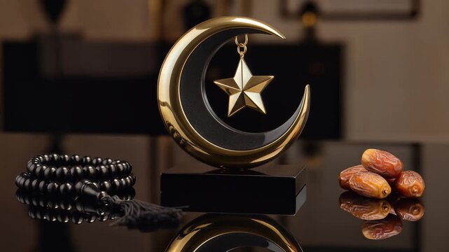 Elegant Ramadan Kareem Still Life with Golden Crescent, Star, Dates, and Prayer Beads on Reflective Surface