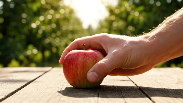 Hand gently holding a red and green apple on a weathered wooden table outdoors
