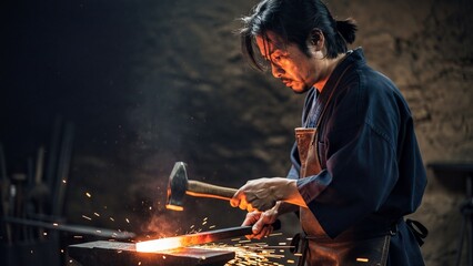 Japanese artisan forging glowing steel with sparks on an anvil