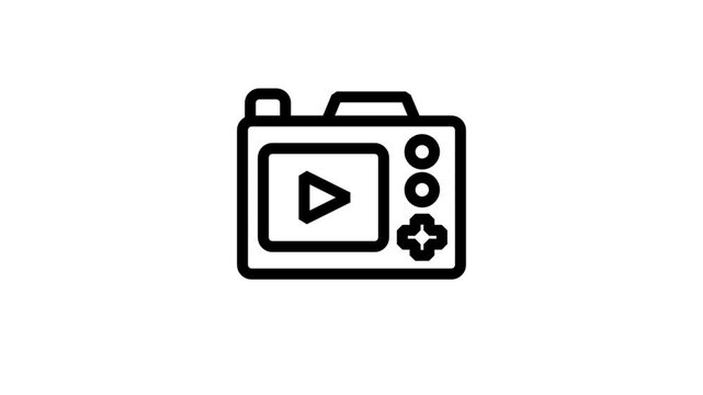 Digital Photo Camera Motion Icon. Animated line drawing of a digital camera featuring a play symbol for photography and video.