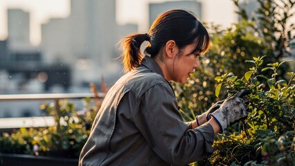 Woman tending to plants in an urban rooftop garden at sunset