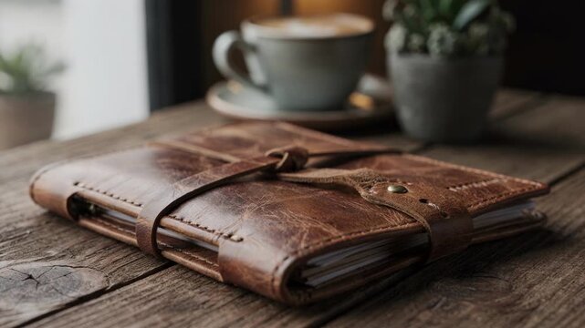View of a wraptie leather menu cover emphasizing its rustic charm and flexible closure suitable for cozy cafes wanting a handcrafted aesthetic.