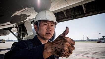 Professional aircraft mechanic giving thumbs up after inspection