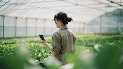Modern female farmer using smart technology in a sunny greenhouse