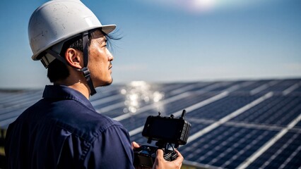 Engineer operating drone for solar panel farm inspection