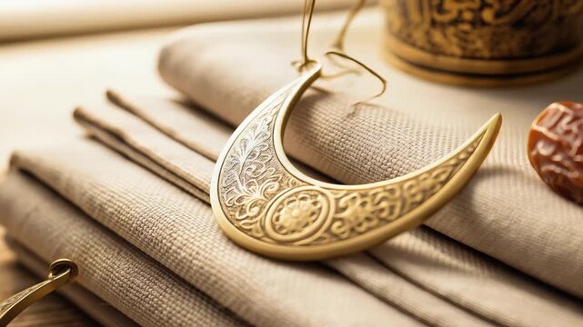 Golden Crescent Pendant with Intricate Floral Engraving A Symbol of Ramadan and Eid Celebration