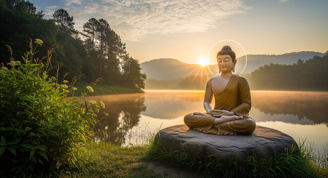 Lord buddha in front of a trees by the river on craiyon